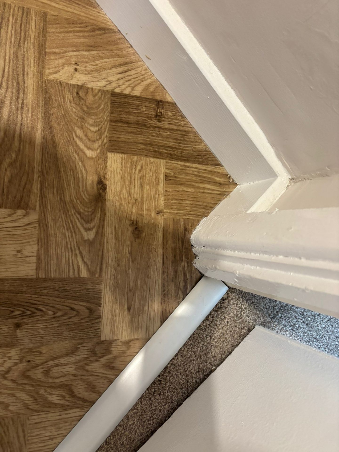 Carpet to herringbone wood transition